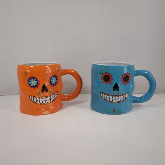 Sugar Skull coffee mugs, blue and orange, day of the dead, Halloween, both mugs - Picture 1 of 8